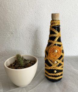 Handmade Yellow Lace Bottle Art